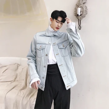 

2018 Korean Autumn New Men's Fashion Tide High Street Neckline Tie Design Loose Casual Cowboy Baby Bule Color Jacket Coat M-2XL
