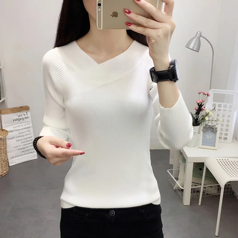 2018 Autumn winter fashion women tops cross V neck tight low shoulder women sweaters and pullovers slim black sweter mujer