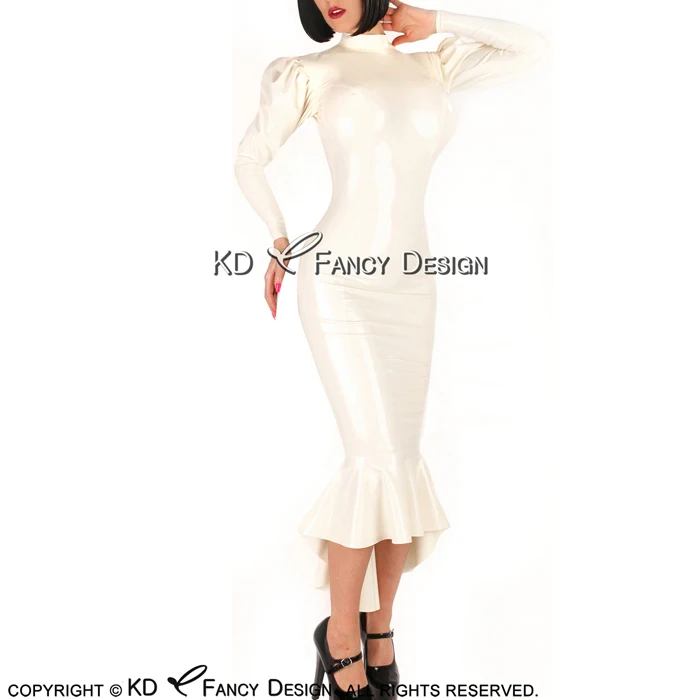 Белое сексуальное латексное платье с молниями на спине пышные рукава резиновое платье Bodycon Playsuit LYQ-0140 - Цвет: white