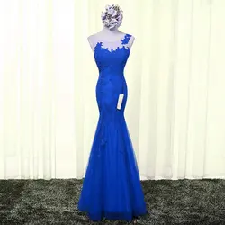 Формальные платье с юбкой годе Королевского синего цвета Длинные вечерние платья 2019 Вечеринка Scoop Тюль Аппликации молния пикантные