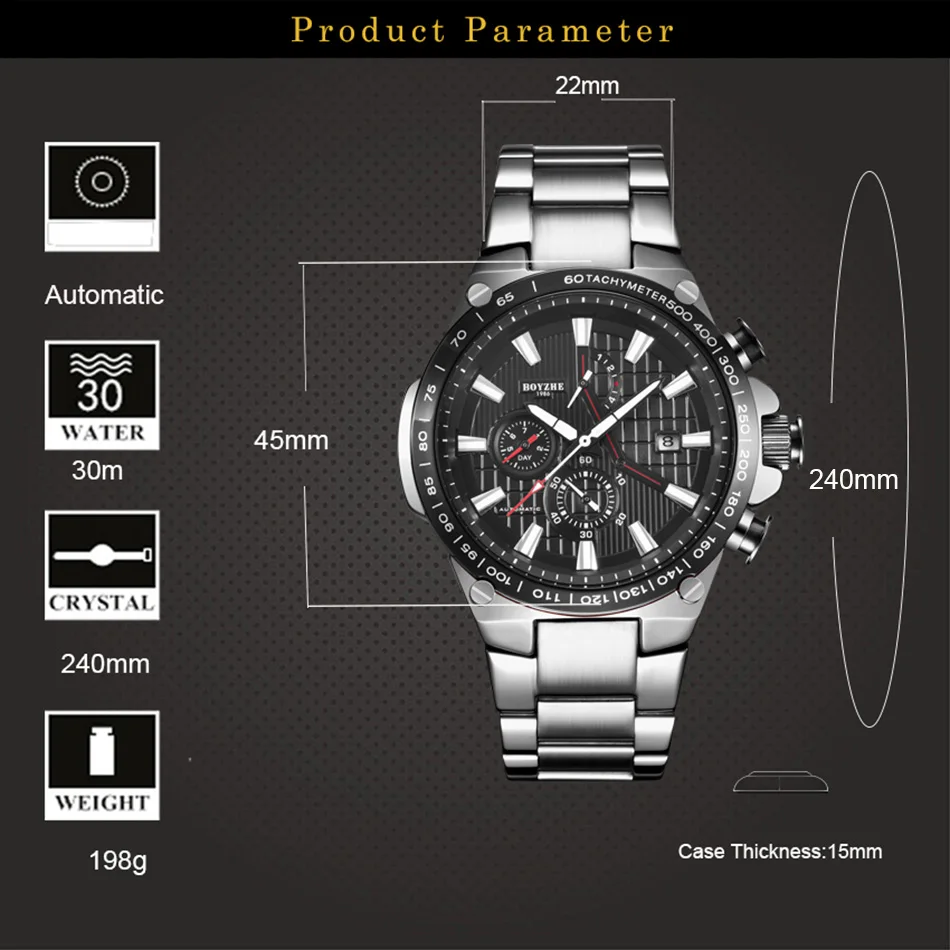 BOYZHE توقيت التلقائية ووتش الرجال الفاخرة العلامة التجارية ساعات آلية رجل الفولاذ المقاوم للصدأ الرياضية montre أوم reloj هومبر 2019
