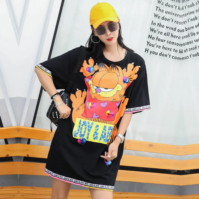 

2019 summer new tide brand love Garfield print sequins in the long paragraph loose sets of short-sleeved T-shirt shirt women