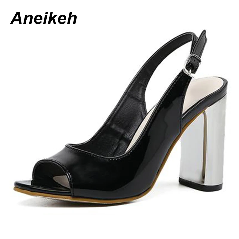 

Aneikeh 2019 Simple High-Heeled Sandals Fashion Spring Autumn Feet Bare With Thick With Shiny Fish Mouth Shoes Black Silver