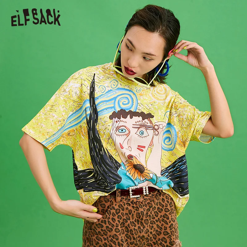 ELFSACK Cotton Loose Women Tops Casual Streetwear Oversized Female T-shirt Fashion Sunflower Appliq