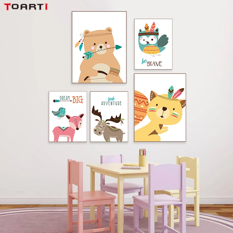 Cartoon Bear Deer Fox Dream Canvas Art Painting  (1)
