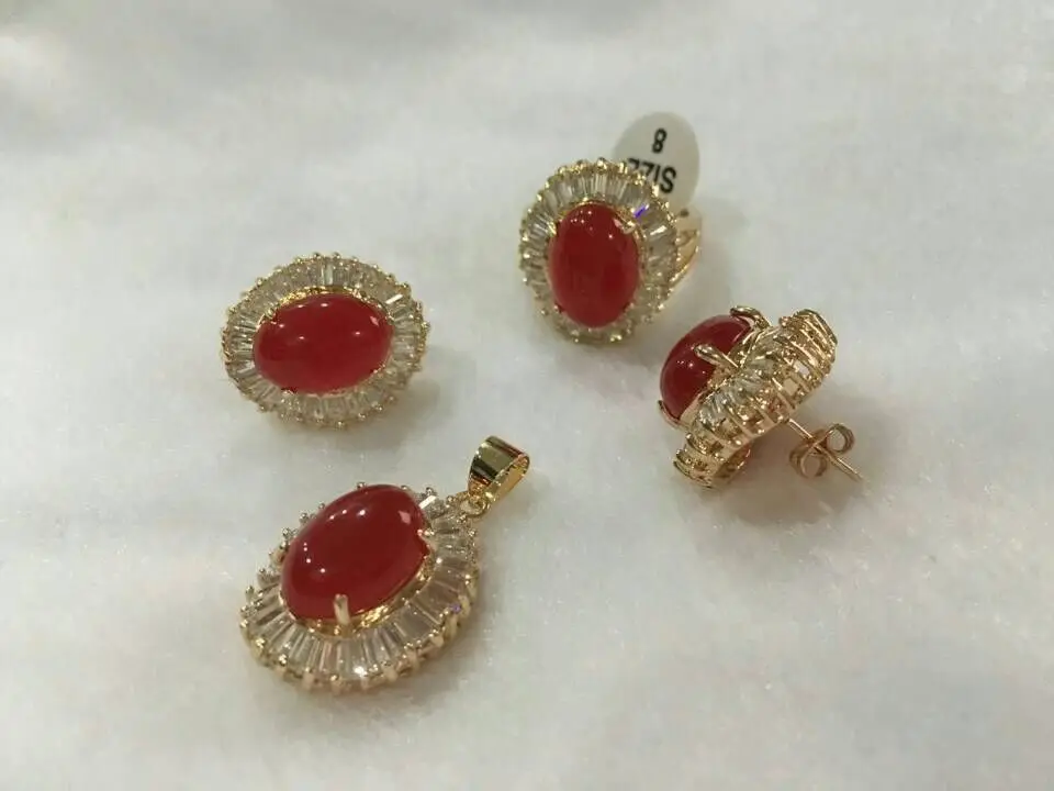 

nicest noble 10*14mm red jade earrings ring(#7-9) & pendant with chain jewerly sets