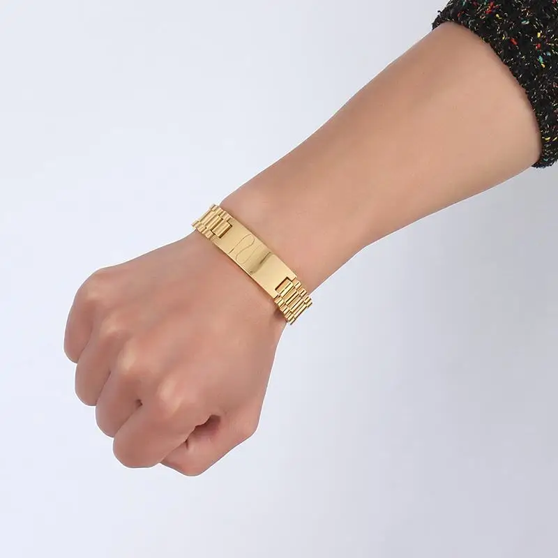 Vnox Personalized ID Men Bracelet Gold-color Stainless Steel DIY Engraving Words Chain Link Bracelet stainless steel bracelet