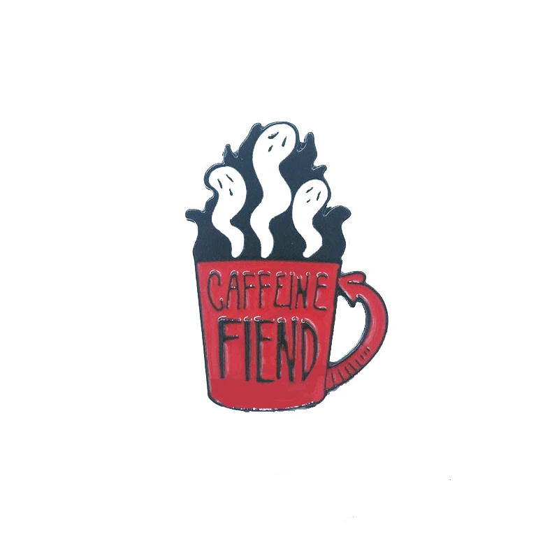 

Red Caffeine Fiend Cup Metal Enamel Brooch White Ghost Coffee Cup Badge Pin Fun Trendy Costume Jewelry Accessories Gift