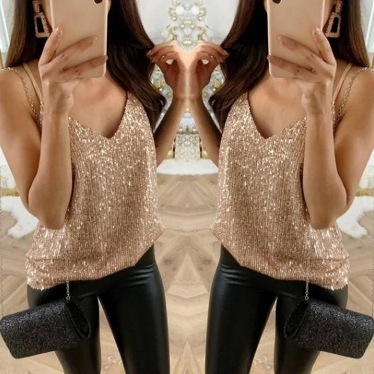 

2019 Fashion Women V-Neck Vest Sleeveless Sequined Shirt Blouse Casual Tank Tops