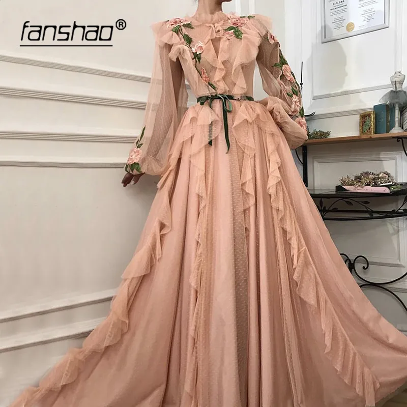 

Muslim Evening Dresses Lace Long Sleeves Lantern Ruffles Boho Evening Dress Dubai Saudi Arabic Evening Gown Boho Prom Dress