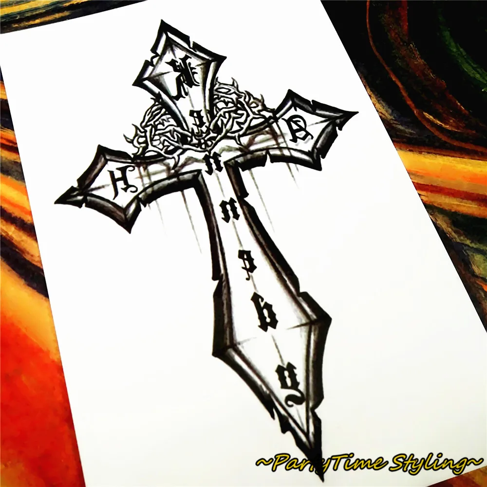 M Teori Sementara Tubuh Art Gothic Salib Hitam Tattoo Di