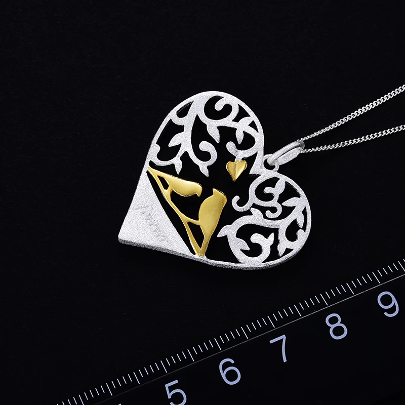 Lotus Fun Real 925 Sterling Silver Handmade Fine Jewelry Romantic Bird in Love Heart Shape Pendant without Chain for Women