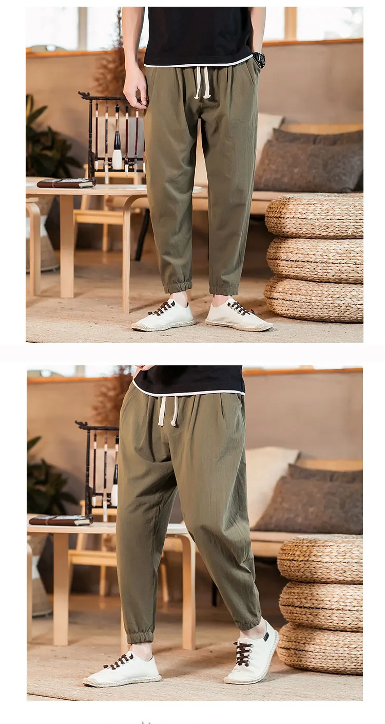 Новинка, мужские льняные брюки, одноцветные, дышащие, эластичная талия, свободные брюки размера плюс 5XL, хлопок, лен, повседневные брюки 303-k801