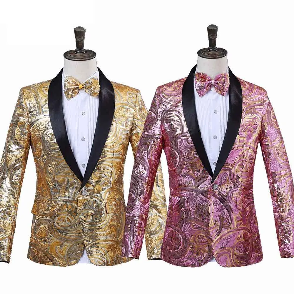 

Mens Pink Gold Flower Sequins Blazer One Button Slim Fit Man Formal Wedding DJ Club Stage Performance Suit Jacket With Bow Tie
