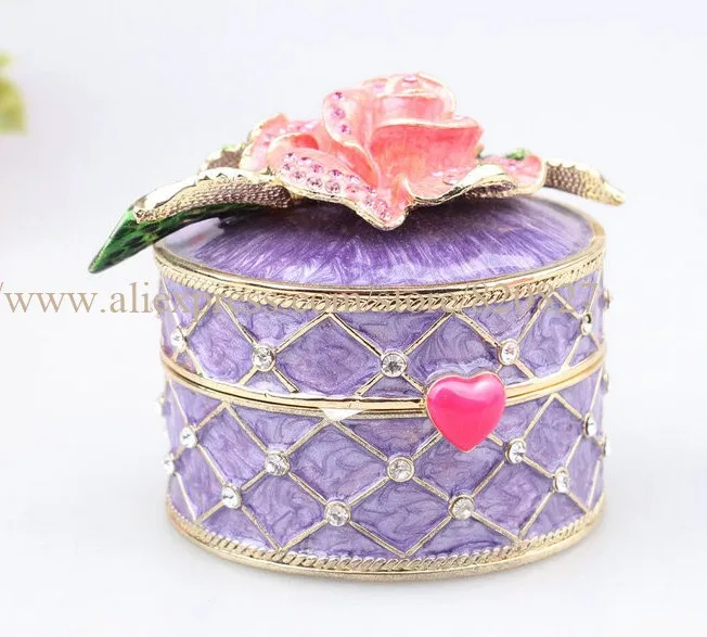 Metal Vintage Rose Gifts Flowered Pill Box Trinket Keepsake Round Earing Display Jewelry Organizer Storage