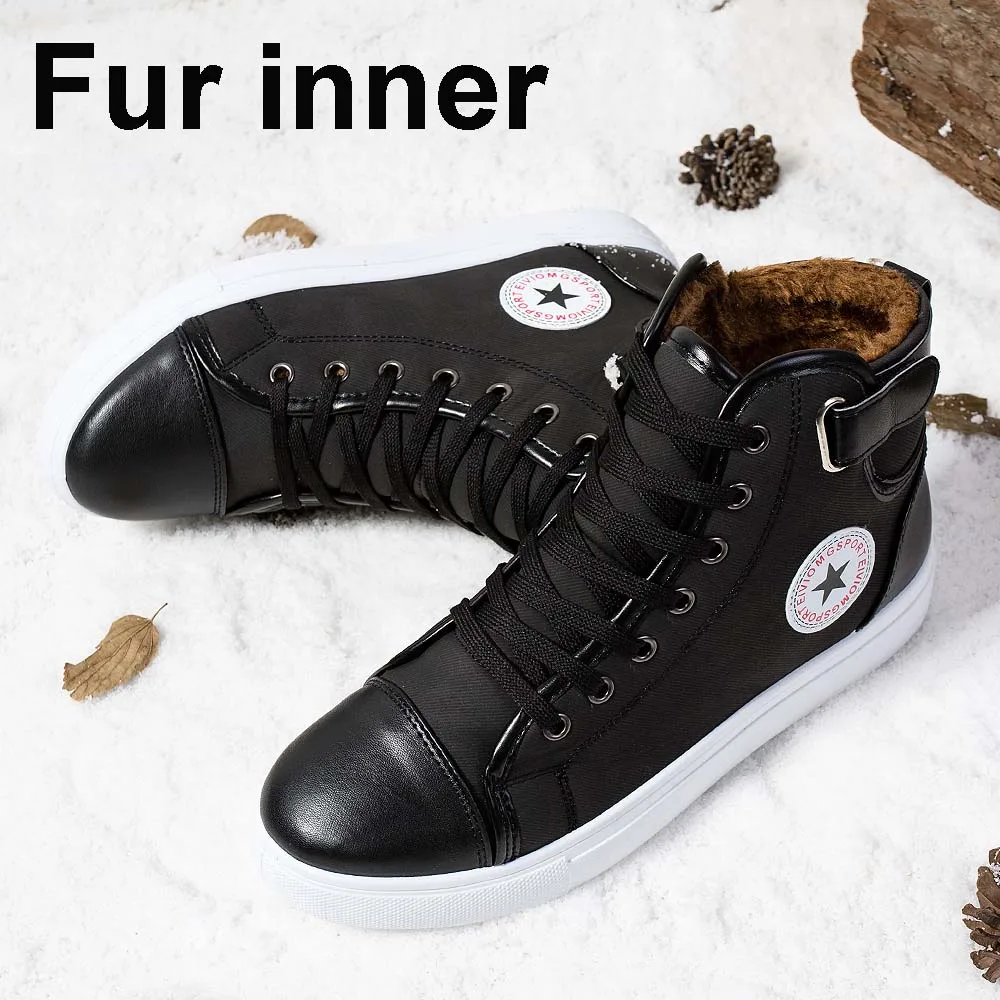 Мужские повседневные сапоги, модная мужская парусиновая обувь, высокие кроссовки для мужчин, мужские парусиновые зимние сапоги размера плюс 38-47 - Цвет: Black-Fur inner