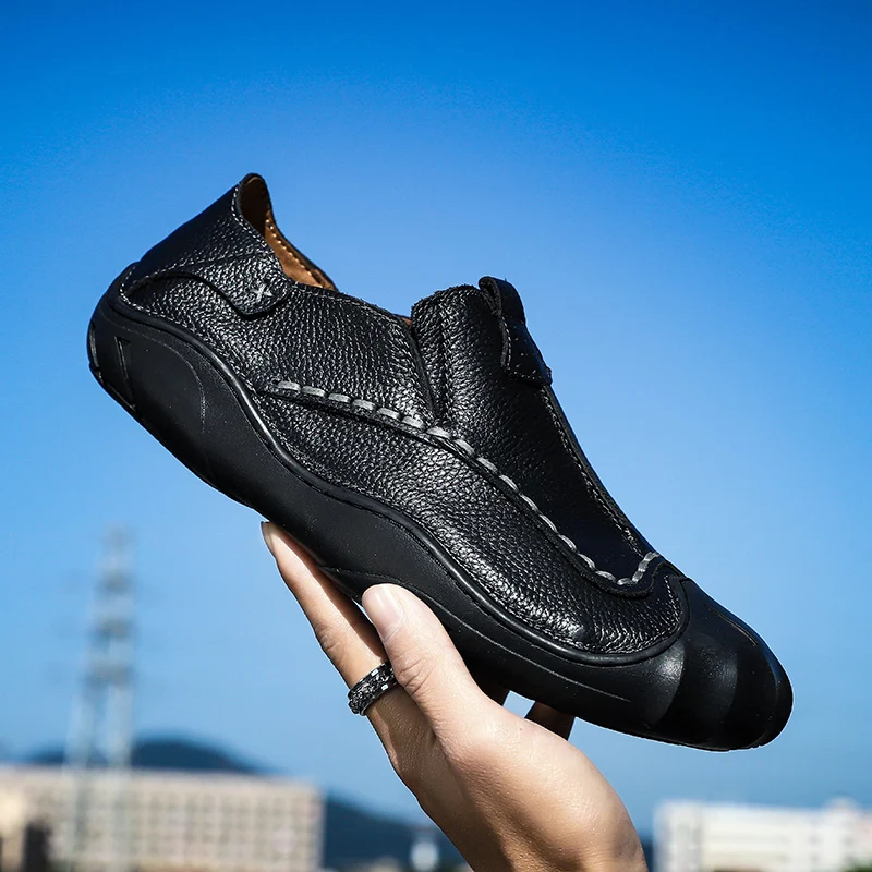 Мужские туфли на плоской подошве из натуральной кожи большого размера; лоферы из натуральной кожи без застежки; повседневная обувь для мужчин; качественные Мокасины - Цвет: Черный