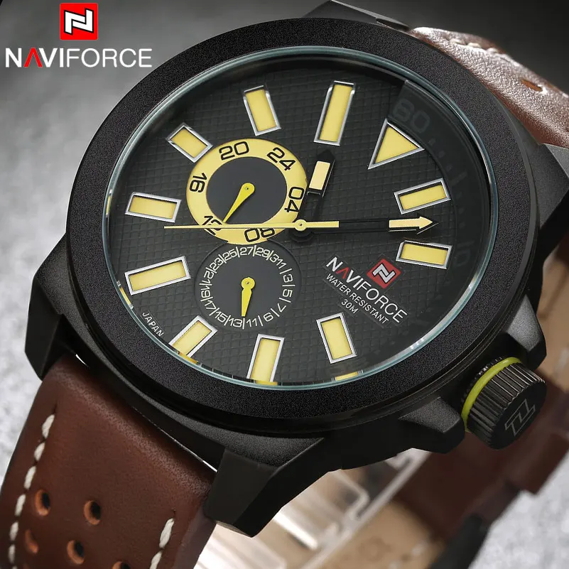 

2018 NAVIFORCE Men's Sport Watch Men Simple Creative Quartz Watches 24 Hour Leather Strap 30M Waterproof Auto Date Week Clock