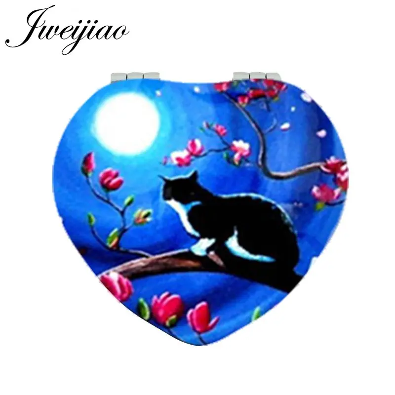 JWEIJIAO Луна и кошка на ветке сердце карманное зеркало из искусственной кожи мини складное 1x/2x увеличительное зеркало для макияжа для женщин - Цвет: HP96 1