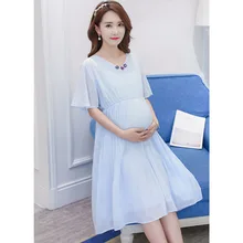 Плиссированные шифоновые платья Одежда для беременных женщин с высокой талией с v-образным вырезом платья для беременных летняя одежда