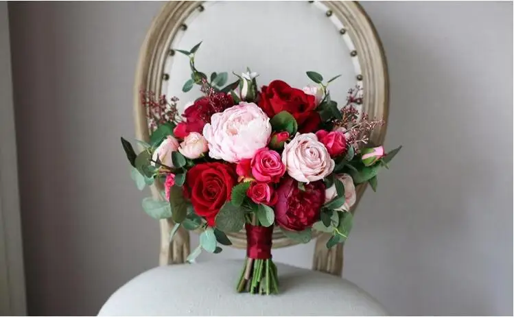 JaneVini китайский красный розовый свадебный букет для невесты Шелковый Свадебный Холдинг Цветы Искусственный Розовый пион букет Fleur Artificielle
