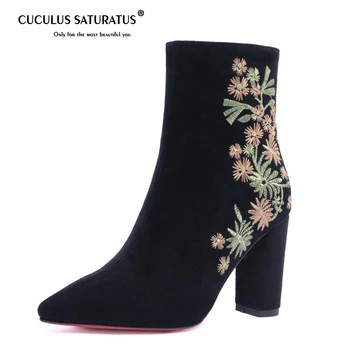 

Cuculus 2020 Women High Heel Boots Winter Ankle Pointed Toe Sexy Ladies Shoes Woman Embroidery Flower Half Short Boots 1185