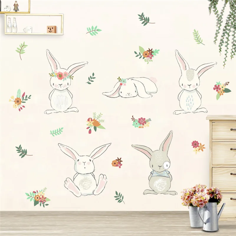Lovely Rabbit Wall Stickers For Kids Room Decoration Cartoon Animals Bunny Mural Art Diy Home Decals Posters Children Gift