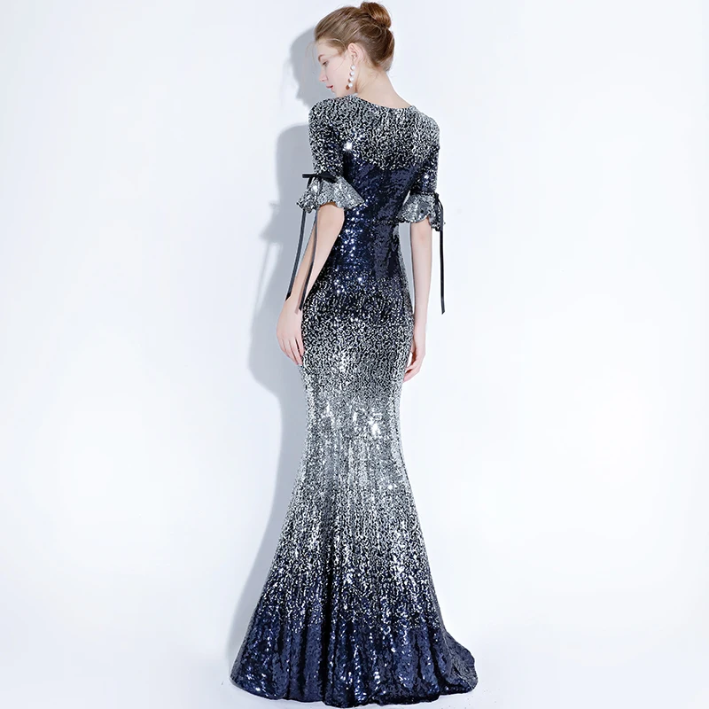 Beauty Emily Evening Dress 2019 Long Shiny Sequin Contrast Color O-neck Trumpet Floor-length Dinner Gowns robe de soiree Beauty Emily Evening Dress 2019 Long Shiny Sequin Contrast Color O-neck Trumpet Floor-length Dinner Gowns robe de soiree