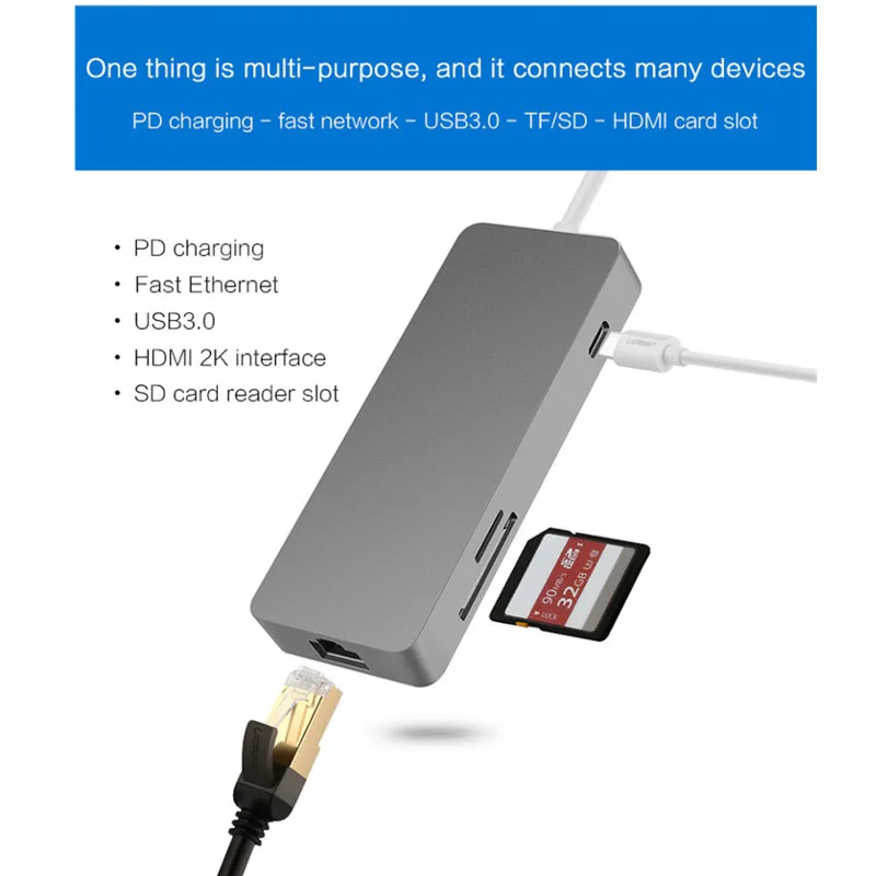 Тип C концентратор 7 в 1 HDMI адаптер мультимедийные Интерфейс USB3.0 Hub Ethernet RJ45 Порты и разъёмы HD видео конвертер SD TF Картридер для Mac