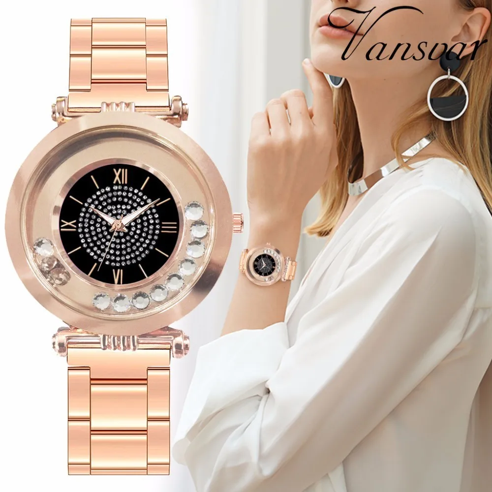 Бренд vansvar женские розовое золото из нержавеющей стали полностью алмазные часы Роскошные женские кварцевые часы со стразами для
