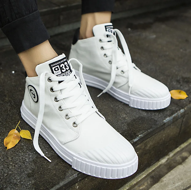 Fashion Canvas Shoes Men Flats Lace-up Casual Shoes Men Sneakers Summer 2019 High Top Platform Sneakers Breathable Black Shoes