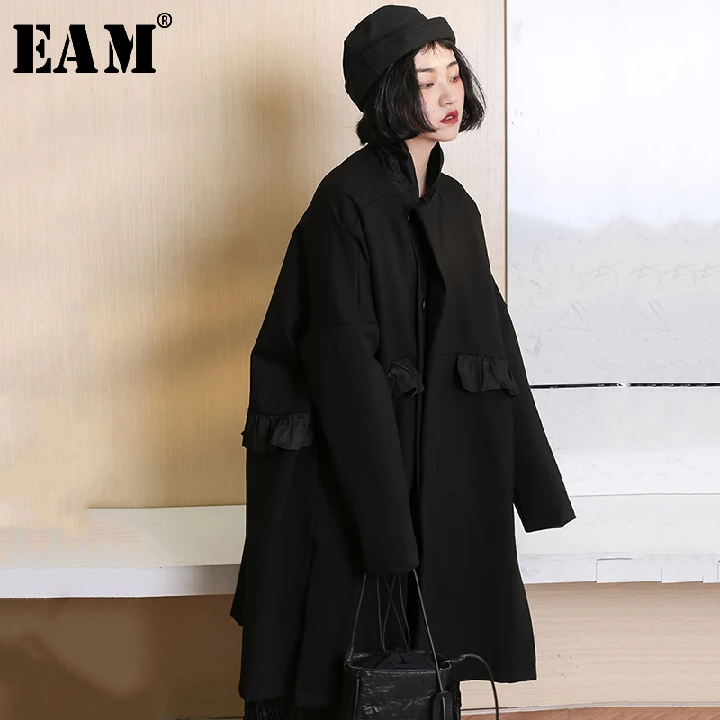 

[EAM]2019 New Spring Stand Collar Long Sleeve Black Brief Ruffles Stitch Loose Large Size Coat Women Jacket Fashion JI338