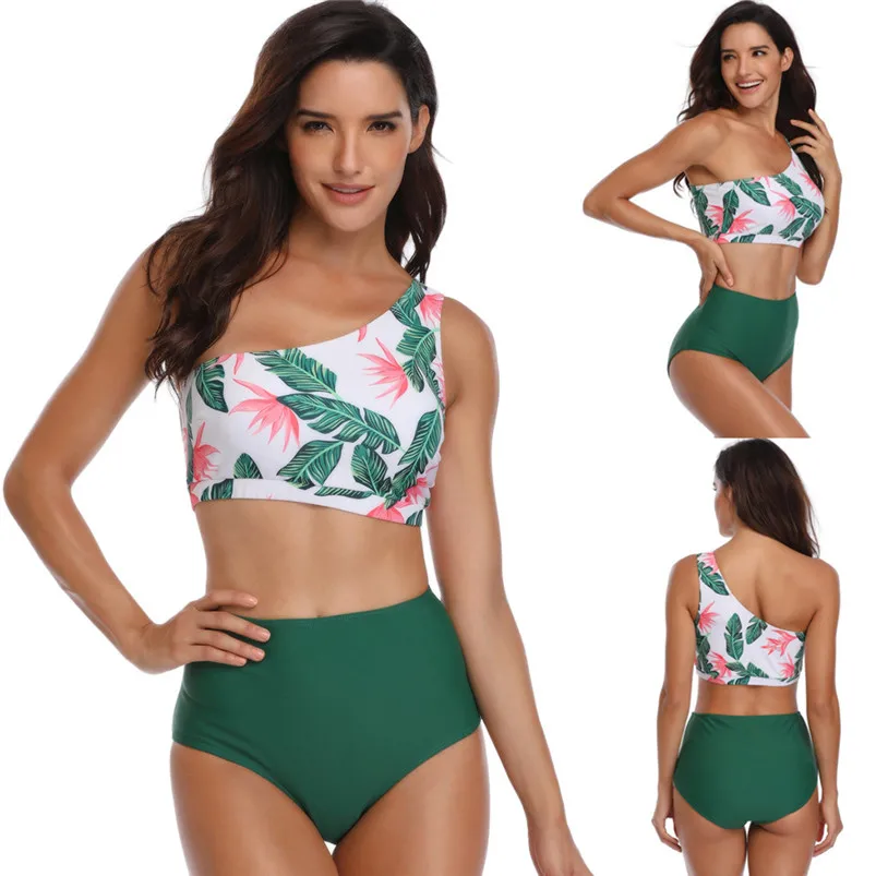 sexy swimwear Women Padded Sexy Off Shoulder Beach Suit Leaves Print Bathing Swimwear High Waist women swimwear Bra set R22 (2)