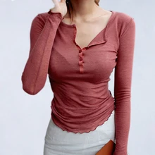 Женская футболка с длинным рукавом, женская футболка, топ, футболки, сексуальные,, на каждый день, на пуговицах, футболка, женские топы, корейский хлопок, Camiseta Feminina