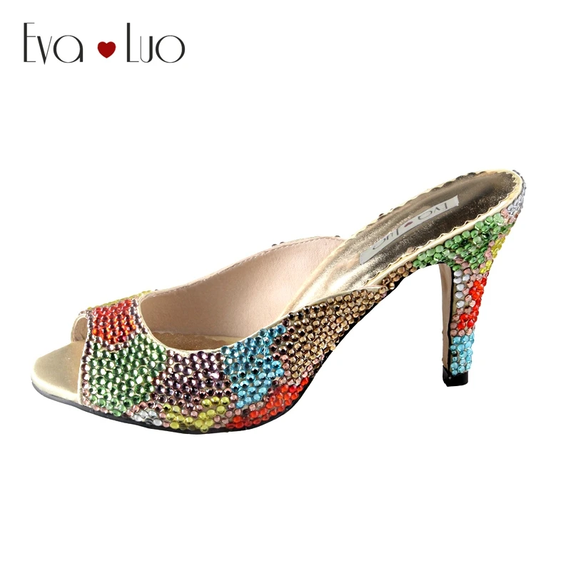 

CHS461 Custom Made Mixed Colors Crystal High Heel Women Slippers Dress Shoes Bridal Wedding Shoes
