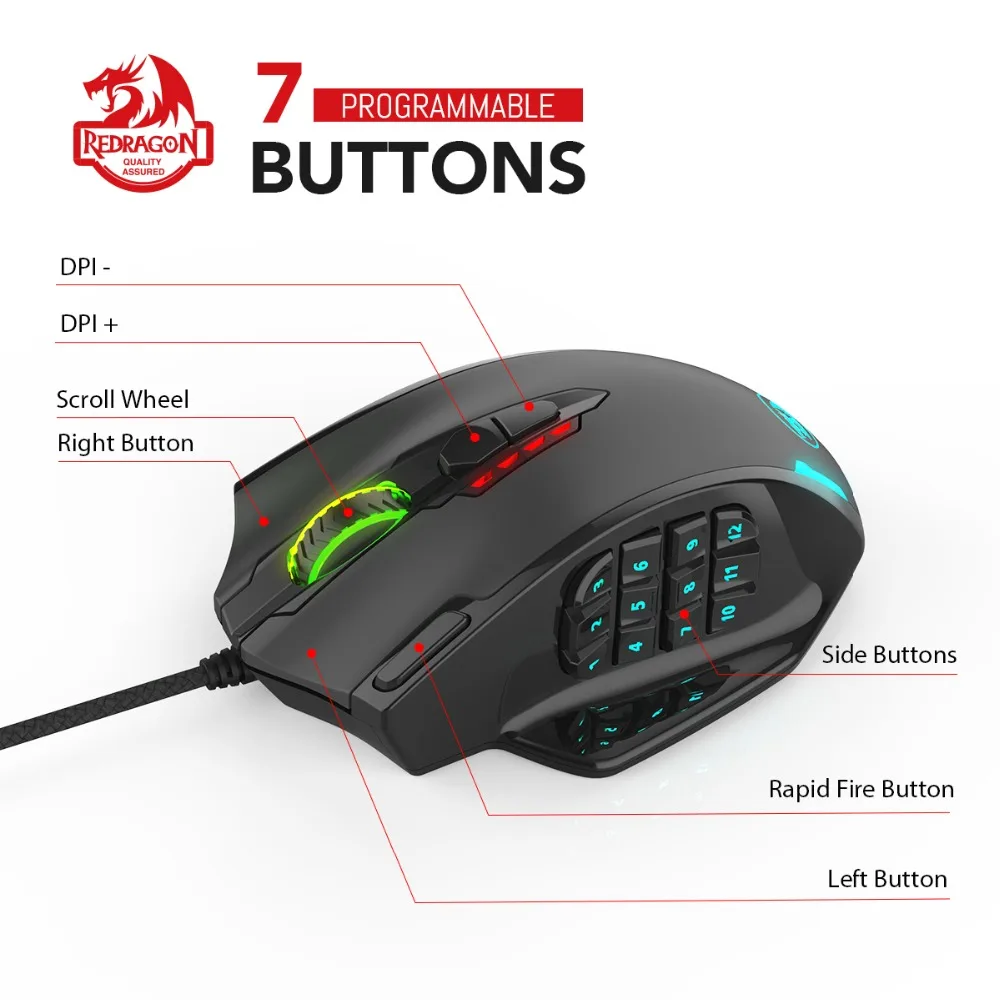 Redragon M908 воздействия 12400 Точек на дюйм RGB светодиодный MMO Мышь Лазерная Проводная