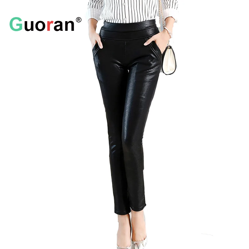 {Guoran} Sexy Crocodile Pattern leather pants women plus size stretch faux leather trousers