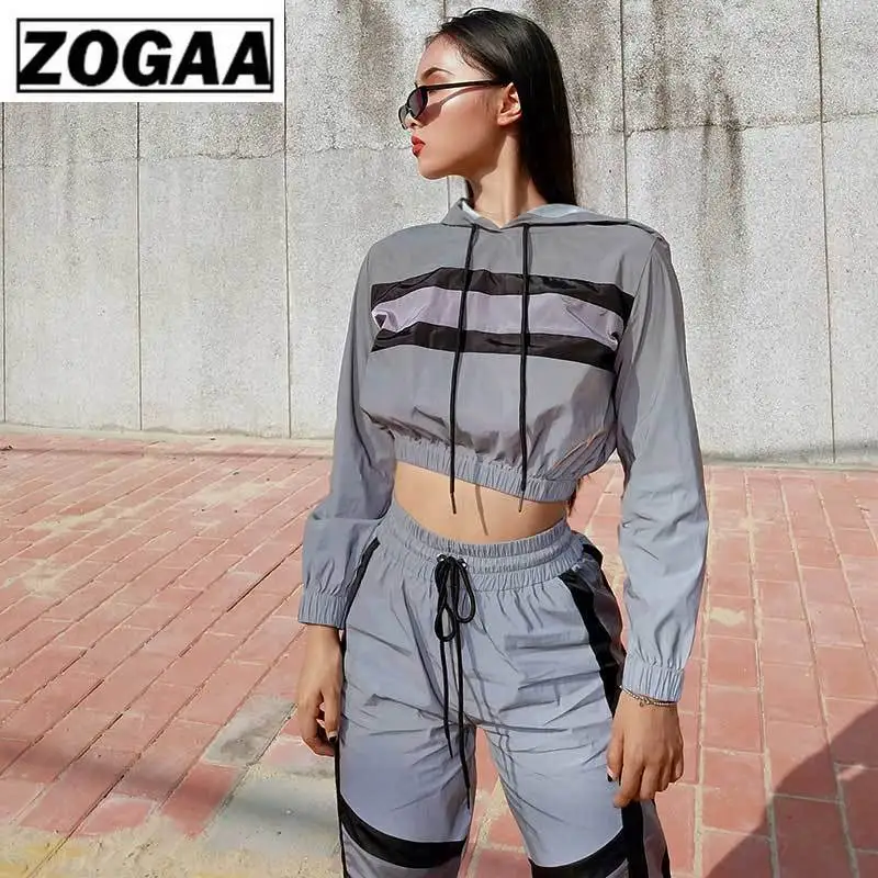 

Women Sets New Arrival Women Reflective Two Pieces Sets Silver Patchwork Top Sweatshirts Elastic Drawstring Pants Tracksuits