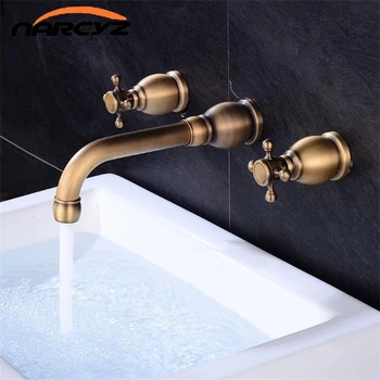 

New Style Wall Mounted Dual Handle Three Holes Antique/Black Faucet Hot and Cold Mixer Tap High quality Faucet XR8222