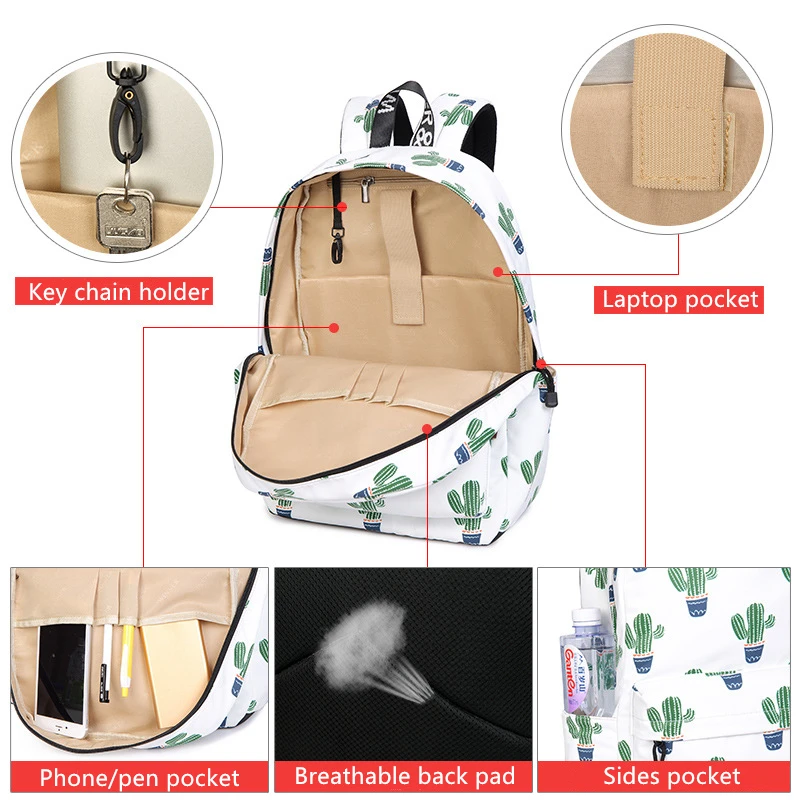 Mochila impermeable a la moda de Tourya para mujer, Mochila con estampado de Cactus, Mochila para adolescentes, Mochila de gran capacidad, Mochila