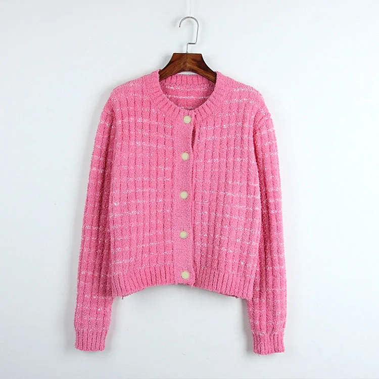 

Cute Wool Cardigan Women 2019 Spring Single Buttons Striped Pink Womens Sweater Cardigan Runway Knitted Tops Soft Velvet Outwear