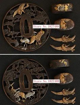 

BRASS GUARD TSUBA FOR JAPANESE SAMURAI SWORD KATANA ACCESSORY W/ CRANE THEME- TSUBA+FUCHI+KASHIRA+MENUKI