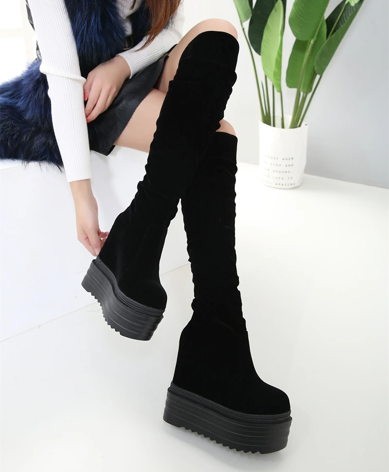 

14CM women's shoes over the knee long tube MoBeiNi autumn and winter plus velvet 2018 new thick bottom increase female boots