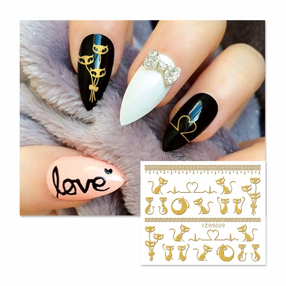 YWK Gold 3D Cartoon Nail Art Stickers Decals For Nail Tips Decoration