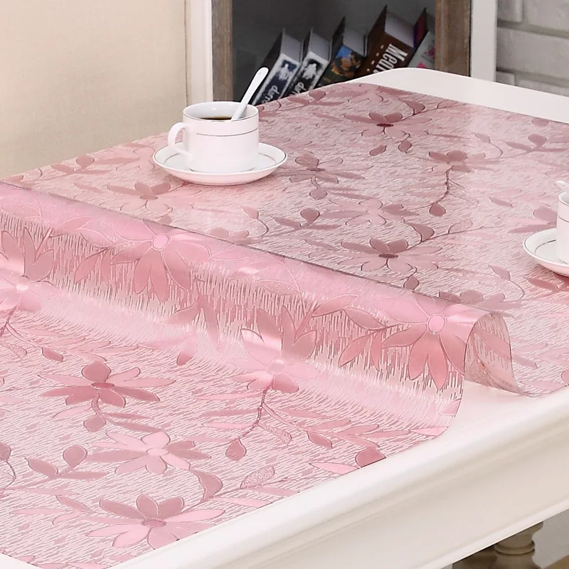 

PVC Waterproof Tablecloth Transparent Tablecloth with pattern Kitchen Table Cover Oil Cloth Soft Glass Tablecloth pink flower