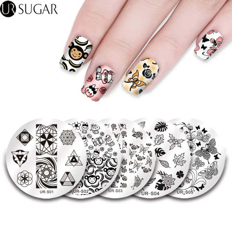 

UR SUGAR Round Valentine Nail Stamping Plate Floral Cute Animal Geometry Template Manicure Nail Art Stamp Image Plate DIY Polish