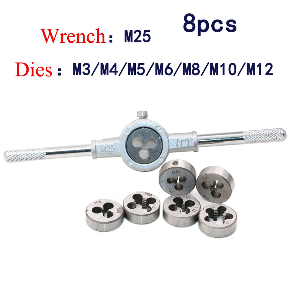 

8pcs Metric HSS Tap and Die Set Adjustable T Handle Wrench Tackle Tool Kit Precise Ratcheting Action for High Quality Work