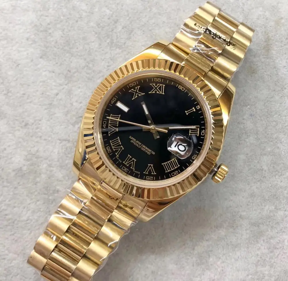 

Top Quality 18k Gold Black Dial Rome Black 40mm Automatic Movement 2813 Datejust Luxury Crown Mechanical Wristwatches