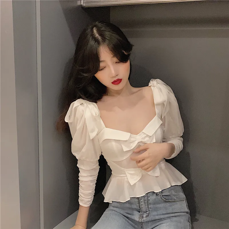 

spring summer crop top Women's Clothing bow Blouses white Slim fit woman shirts Korean chiffon tops blusas mujer de moda new