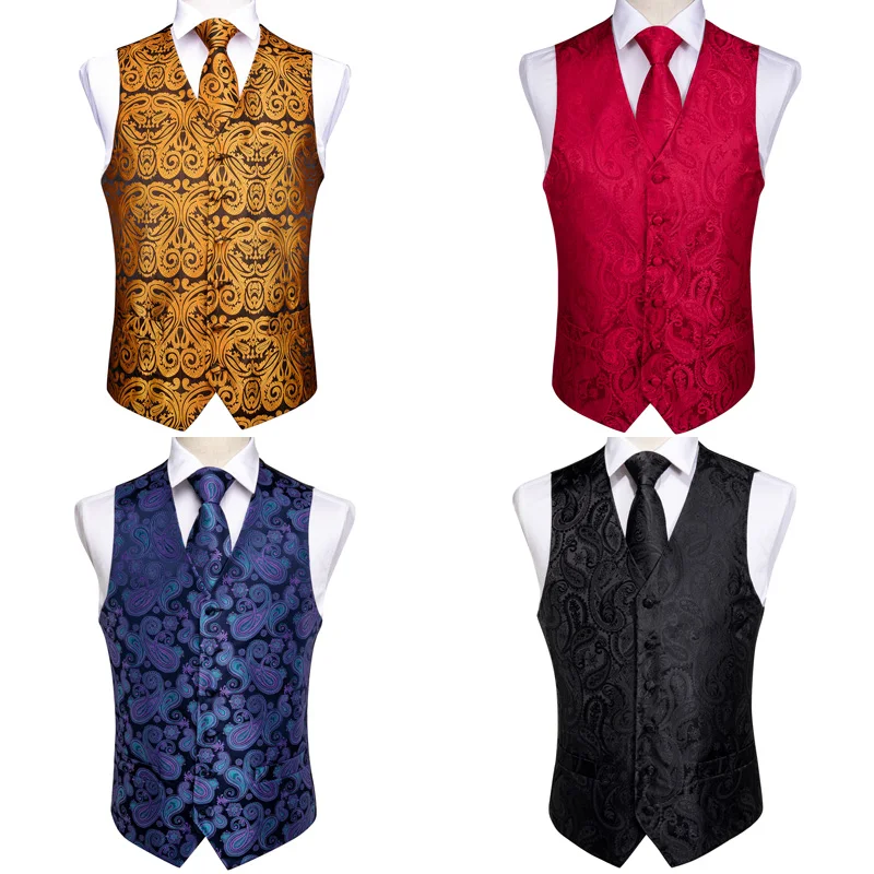 

DiBanGu Famous Vest for Men Yellow Red Black Blue Paisley Men's Vest Suit Business Wedding Party Occasion Hanky Cufflinks Vests